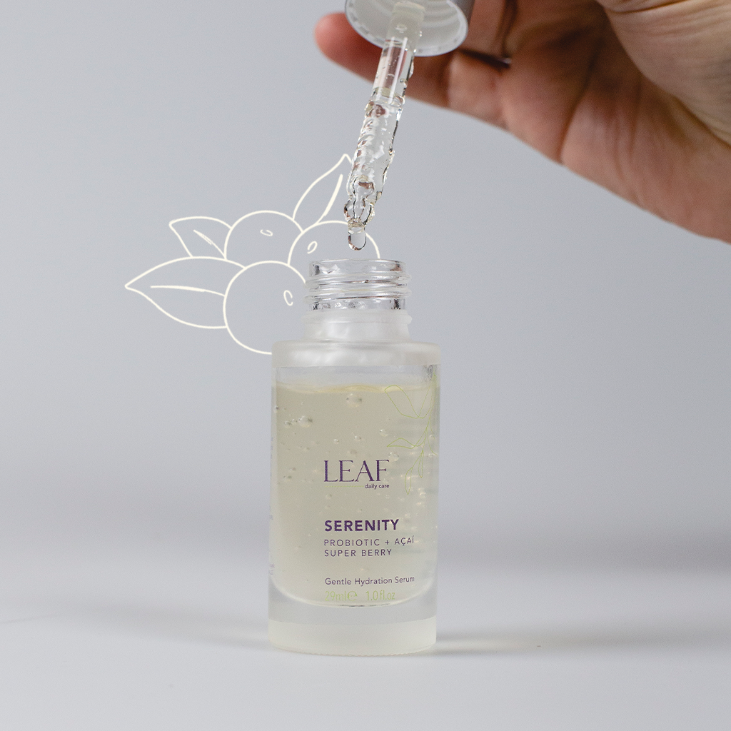 Leaf Daily Care's gentle hydrating Serenity Serum made from Açai super berries.